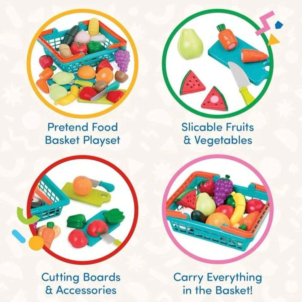 37-Piece Toddler Play Food Set Teal Orange Basket Fruits Veggies